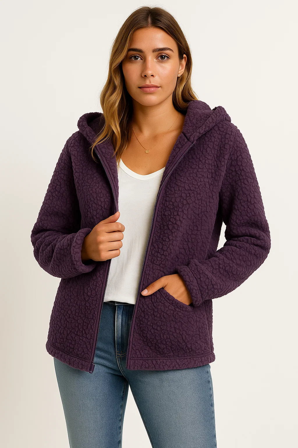 Womens Coat Beige Teddy Fleece With Pockets Zipper Elegant Winter Jacket 2