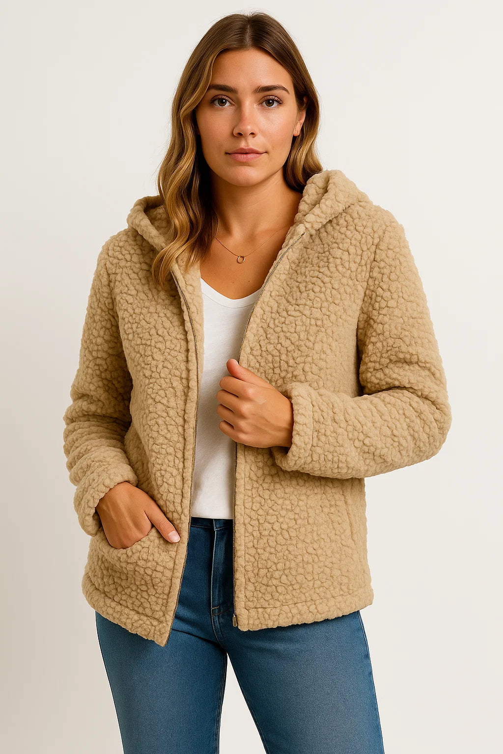 Womens Coat Beige Teddy Fleece With Pockets Zipper Elegant Winter Jacket 3