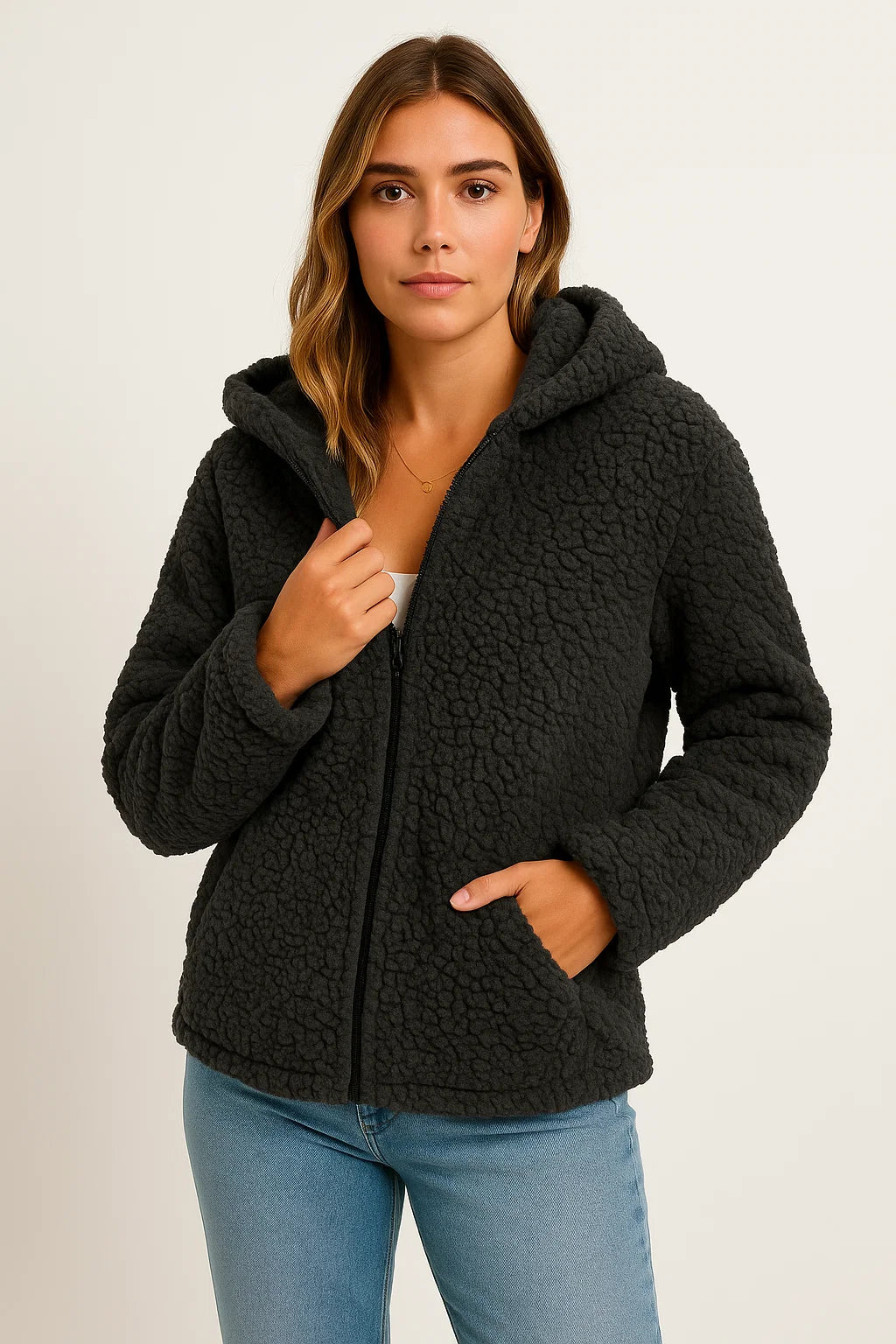 Womens Coat Beige Teddy Fleece With Pockets Zipper Elegant Winter Jacket 4