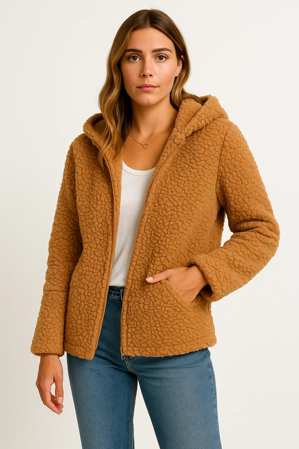 Womens Coat Beige Teddy Fleece With Pockets Zipper Elegant Winter Jacket 5