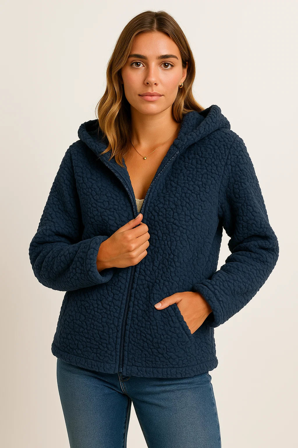 Womens Coat Beige Teddy Fleece With Pockets Zipper Elegant Winter Jacket 6