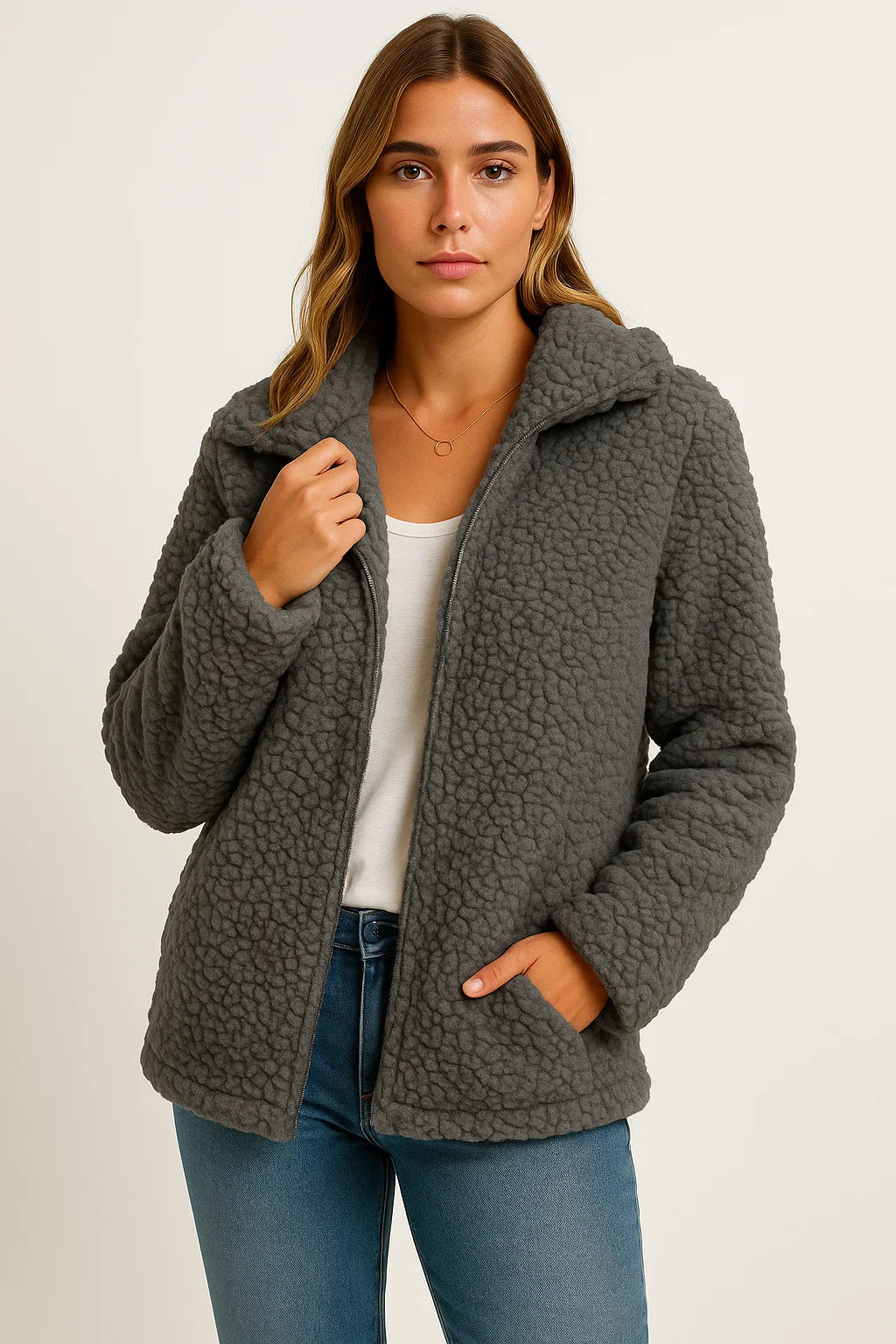 Womens Coat Beige Teddy Fleece With Pockets Zipper Elegant Winter Jacket 7