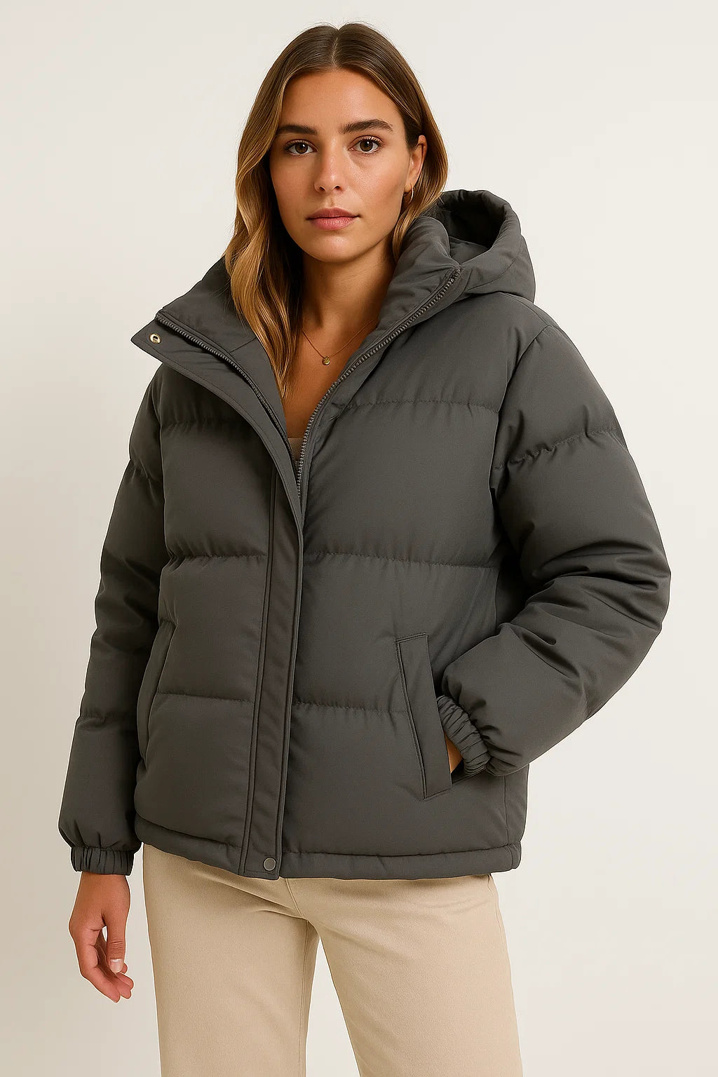 Womens Hooded Jacket - Grey Water-Repellent Polyester Winter Coat for Comfort and Style 10