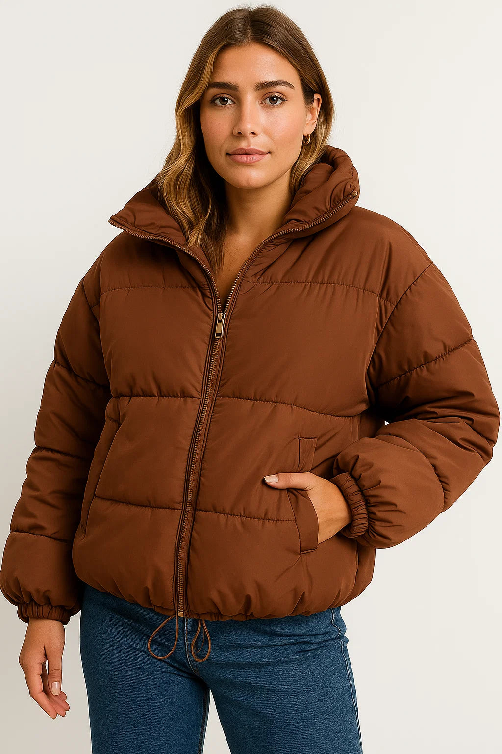Womens Puffer Jacket Black Polyester Modern Design Warm for Cold Days Casual Fit 1