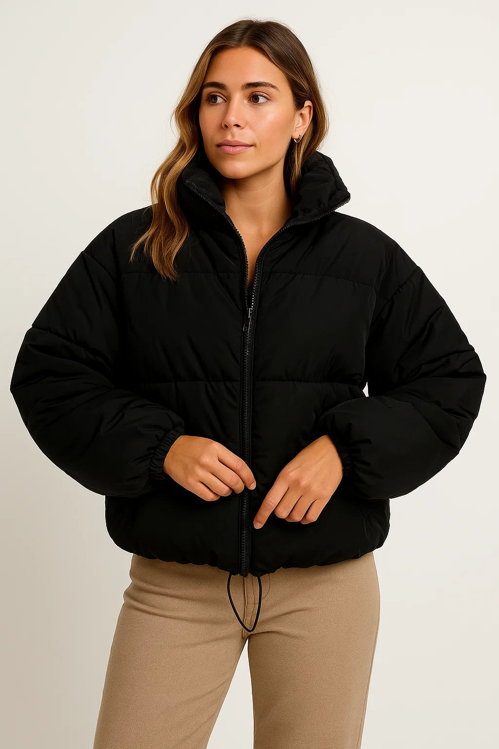 Womens Puffer Jacket Black Polyester Modern Design Warm for Cold Days Casual Fit 4