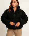 Womens Puffer Jacket Black Polyester Modern Design Warm for Cold Days Casual Fit 4