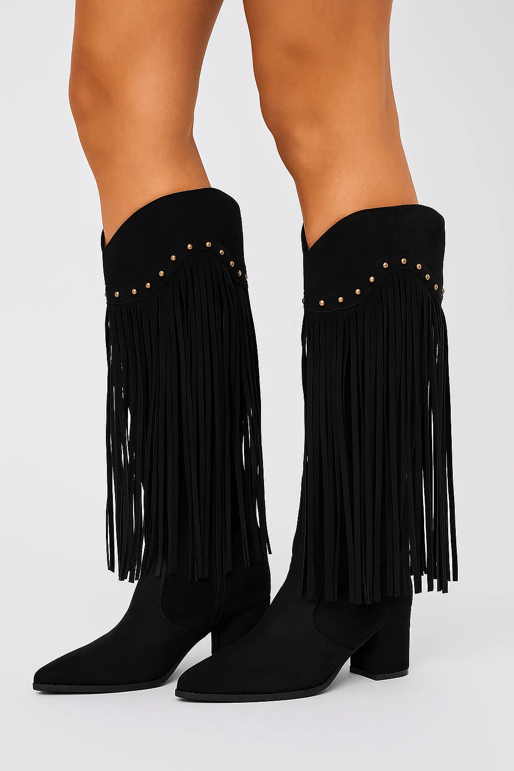 Womens Suede Boots Gray Fringe Block Heel Pointed Toe Elegant Silhouette 4