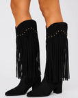 Womens Suede Boots Gray Fringe Block Heel Pointed Toe Elegant Silhouette 4