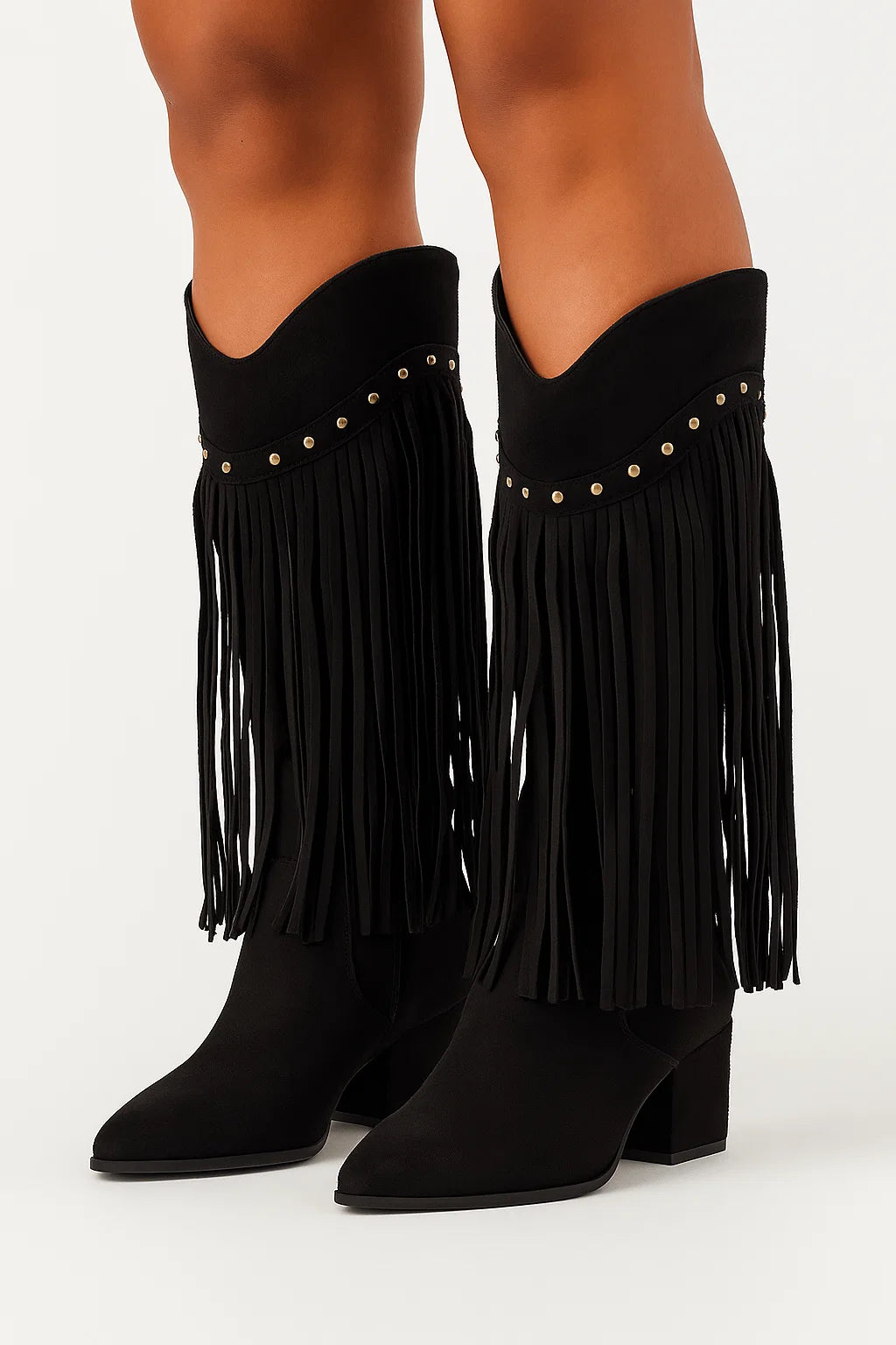 Womens Suede Boots Gray Fringe Block Heel Pointed Toe Elegant Silhouette 3