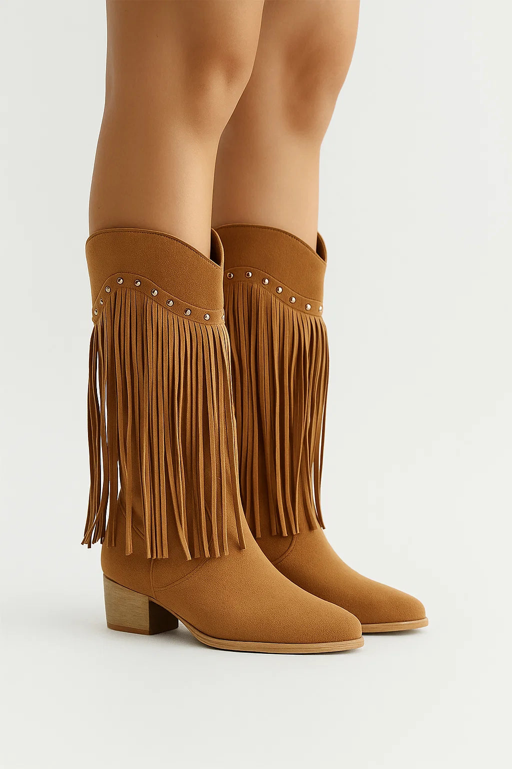 Womens Suede Boots Gray Fringe Block Heel Pointed Toe Elegant Silhouette 1