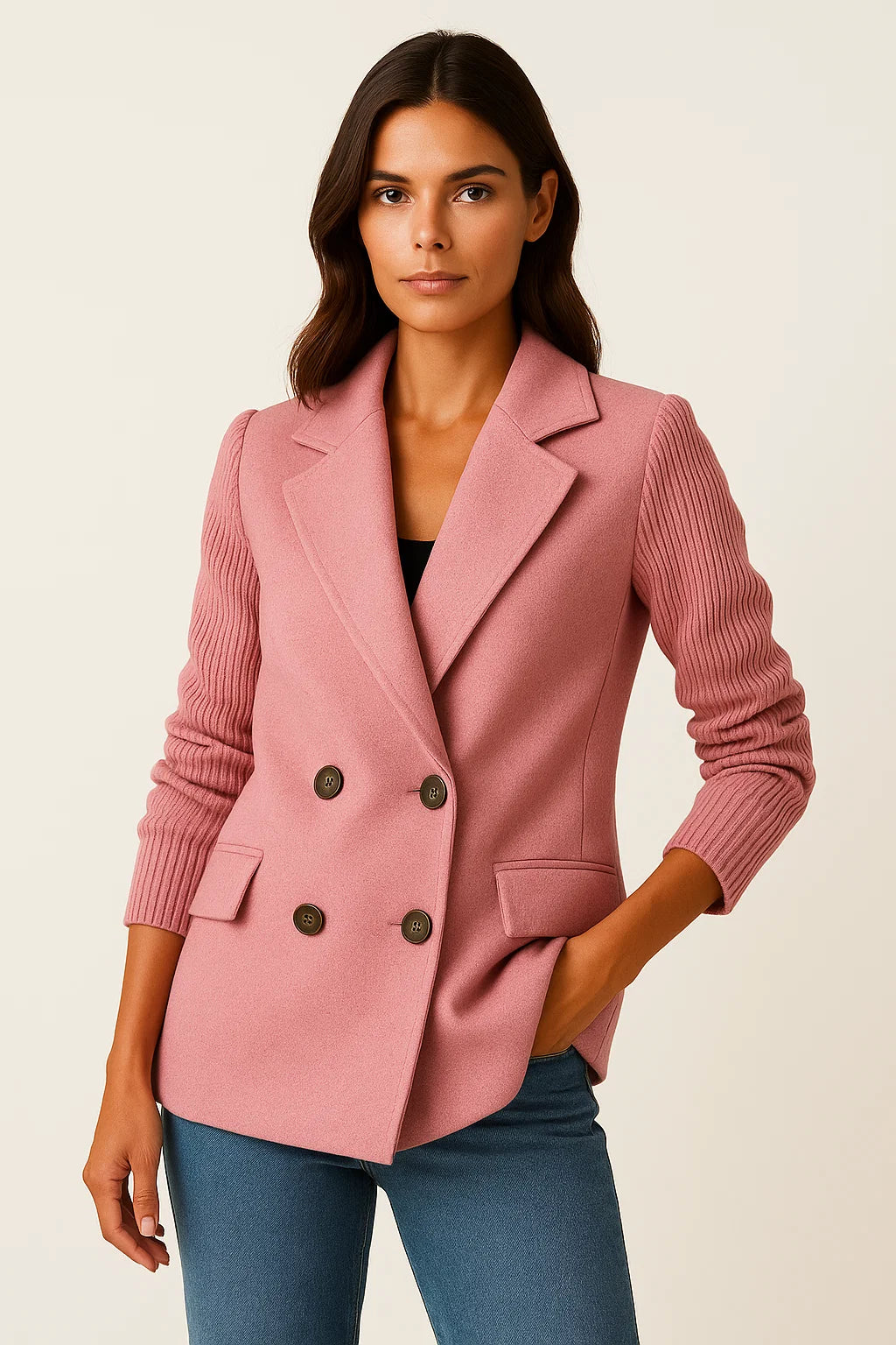 Womens Jacket with Knitted Sleeves - Elegant Grey Design for Work and Leisure, Comfortable Tailored Fit 1