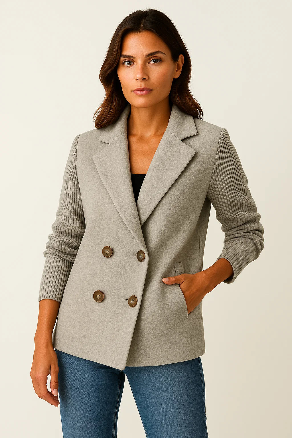 Womens Jacket with Knitted Sleeves - Elegant Grey Design for Work and Leisure, Comfortable Tailored Fit 6