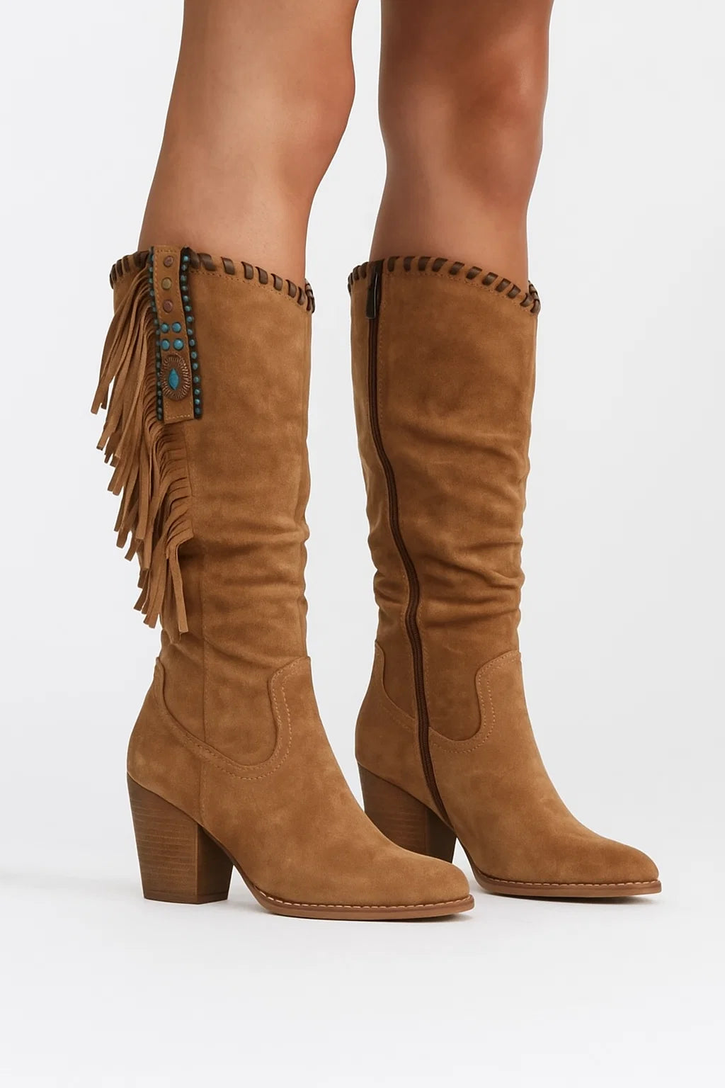 Womens Knee High Boots Suede Block Heel Zip Closure Comfort 1