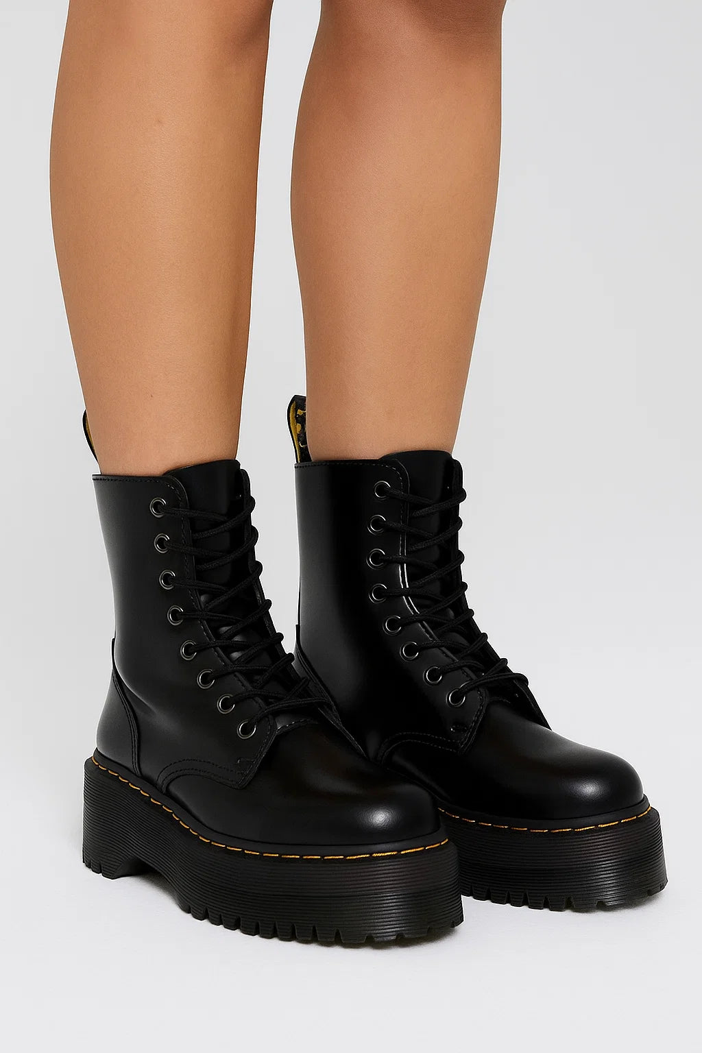 Womens Black Chunky Combat Boots – High Platform Leather Look with Lace-up & Side Zip Closure 2