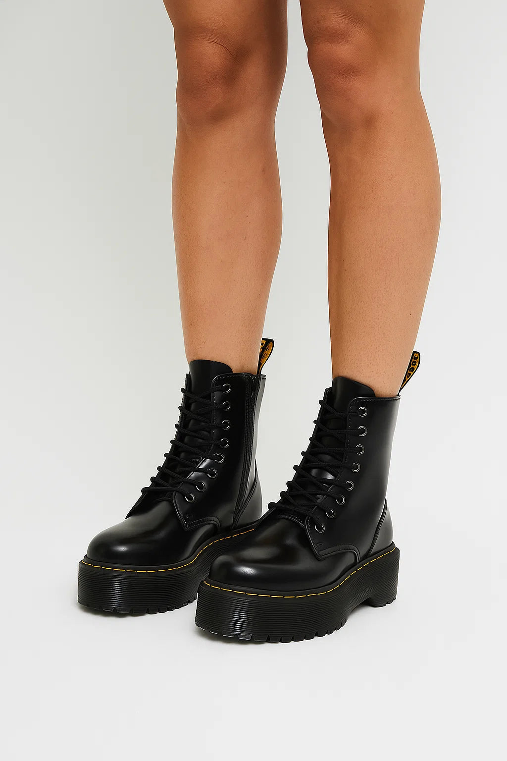 Womens Black Chunky Combat Boots – High Platform Leather Look with Lace-up & Side Zip Closure 3