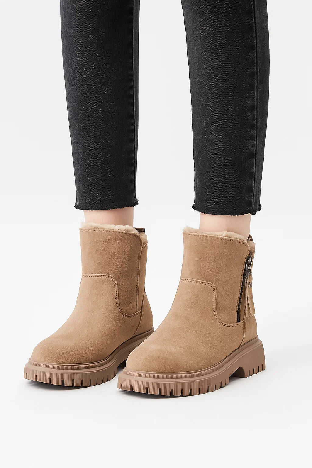 Womens Boots Beige Suede Chunky Sole Zipper Warm Interior Comfort 1