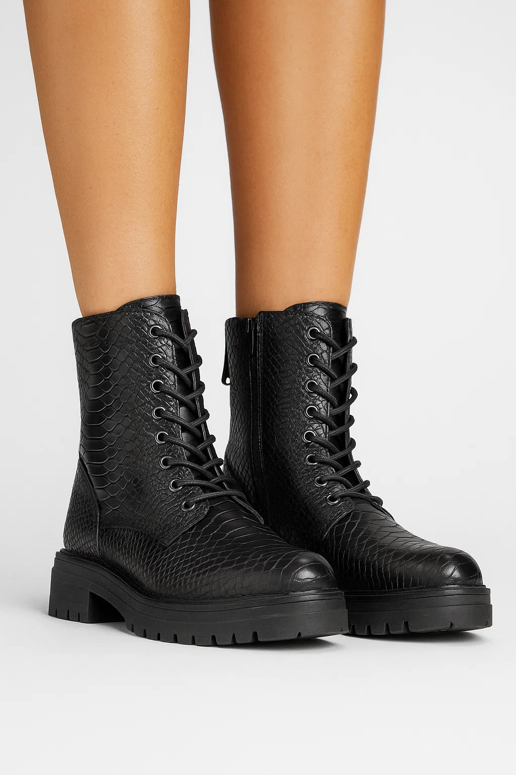 Womens Black Ankle Boots with Faux Snakeskin, Chunky Heel, Lace-Up and Zip Closure for Stylish Comfort 1