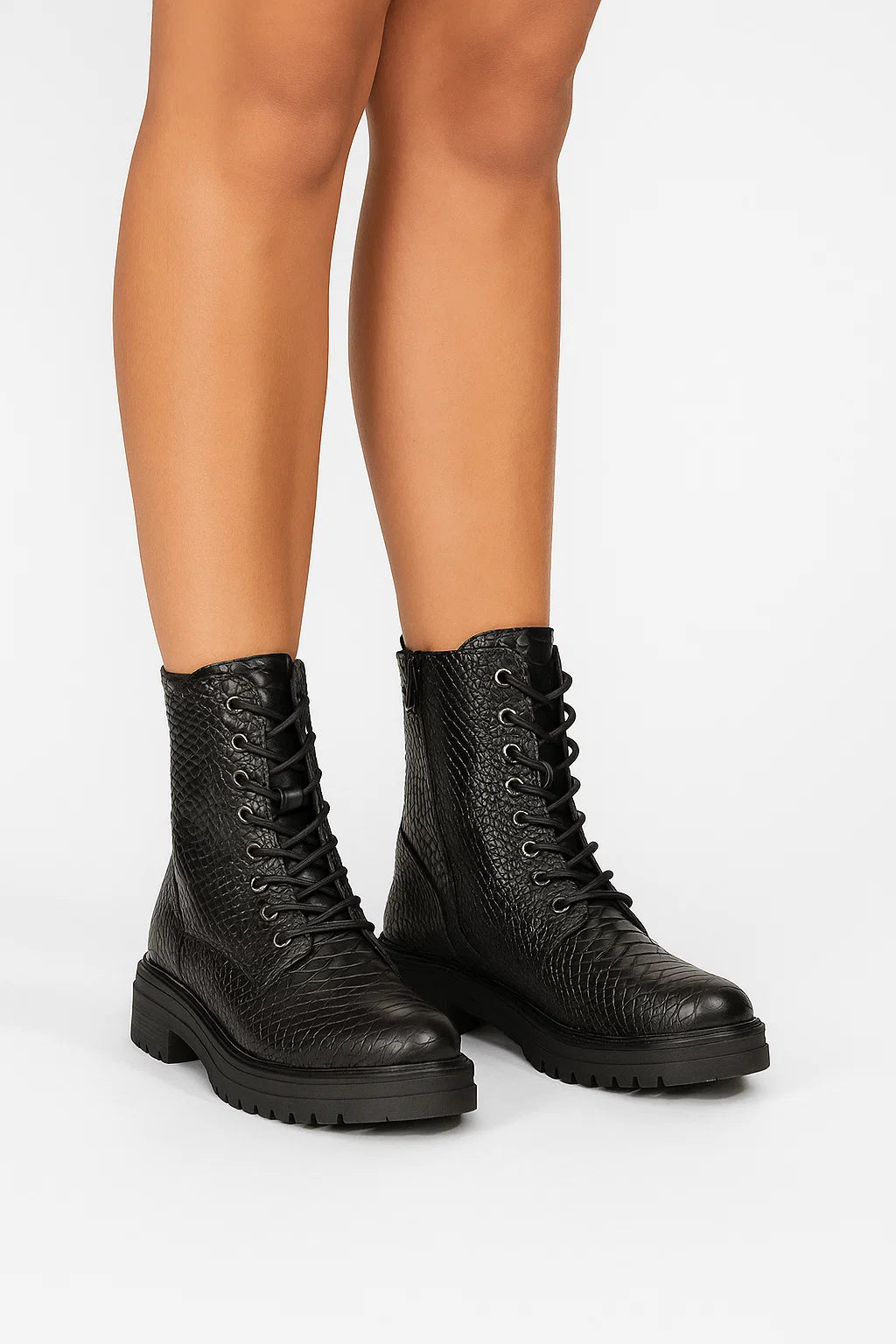 Womens Black Ankle Boots with Faux Snakeskin, Chunky Heel, Lace-Up and Zip Closure for Stylish Comfort 2