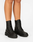 Womens Black Ankle Boots with Faux Snakeskin, Chunky Heel, Lace-Up and Zip Closure for Stylish Comfort 2