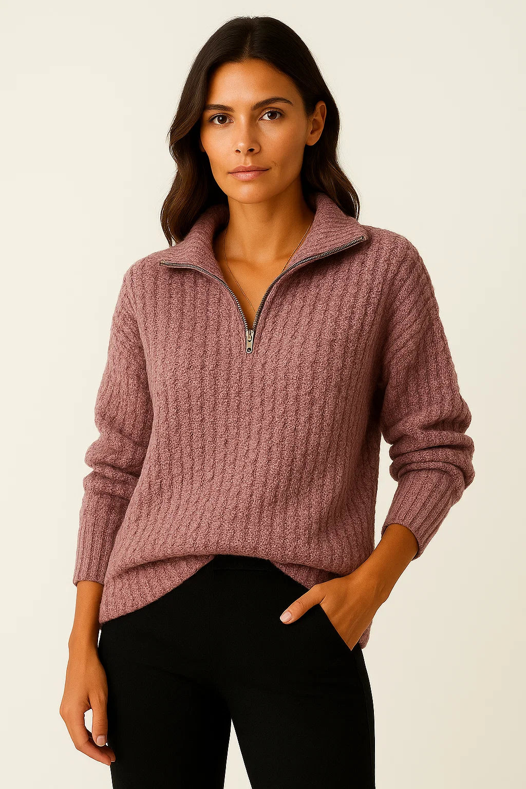 Womens Pullover Grey Soft Material Half-Zipper Casual Fit Long Sleeves 1