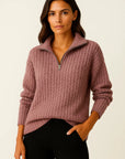 Womens Pullover Grey Soft Material Half-Zipper Casual Fit Long Sleeves 1