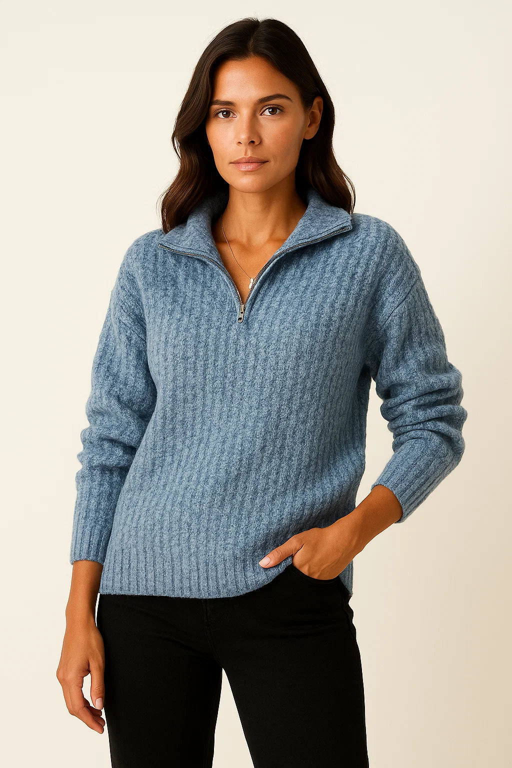 Womens Pullover Grey Soft Material Half-Zipper Casual Fit Long Sleeves 2