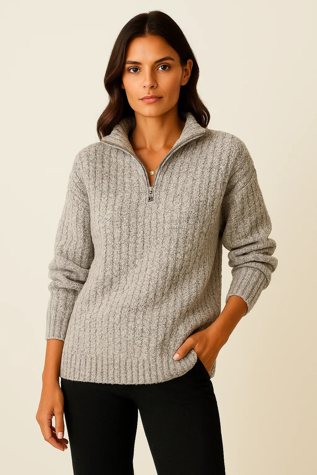 Womens Pullover Grey Soft Material Half-Zipper Casual Fit Long Sleeves 3