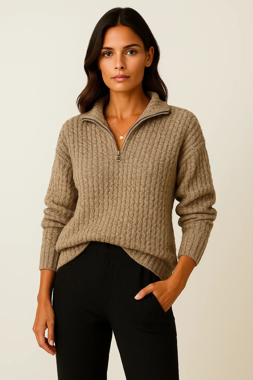 Womens Pullover Grey Soft Material Half-Zipper Casual Fit Long Sleeves 4