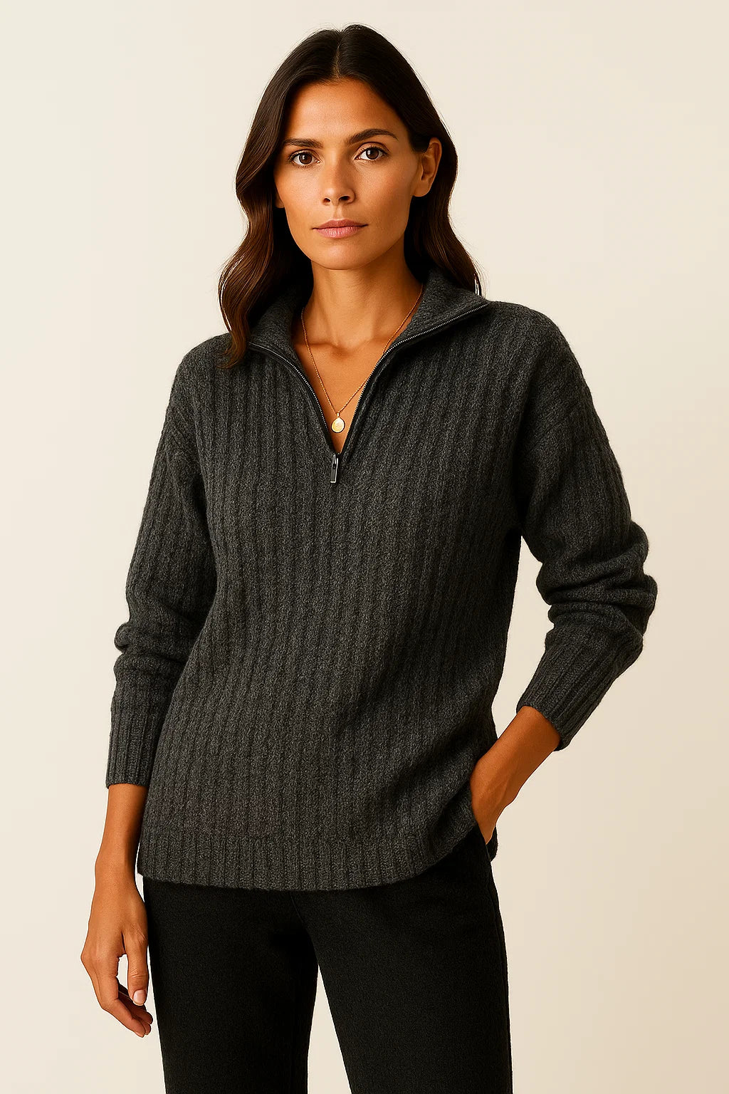 Womens Pullover Grey Soft Material Half-Zipper Casual Fit Long Sleeves 5