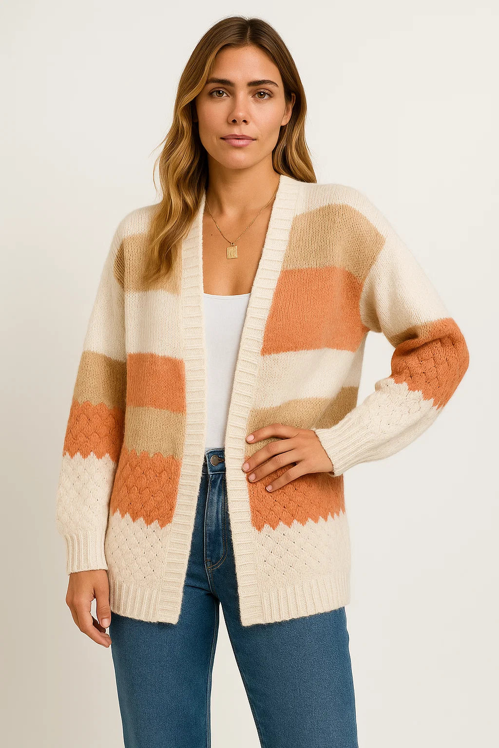 Womens Long Cardigan Striped Cozy Knit Lightweight Fall Layering 1