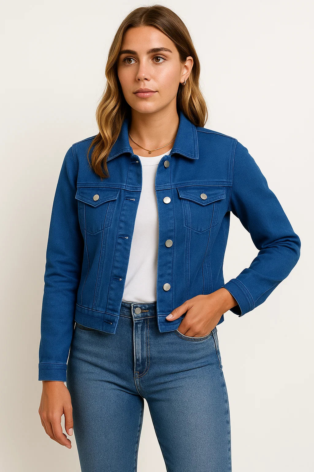 Womens Denim Jacket - Blue Casual Denim with Practical Pockets and Modern Details for Everyday Wear 1