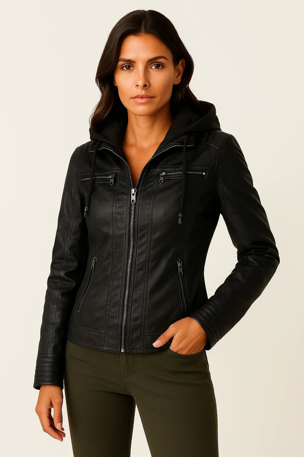 Womens Hoodie Black Soft Zipper Asymmetrical Design Moto Style For Women 3