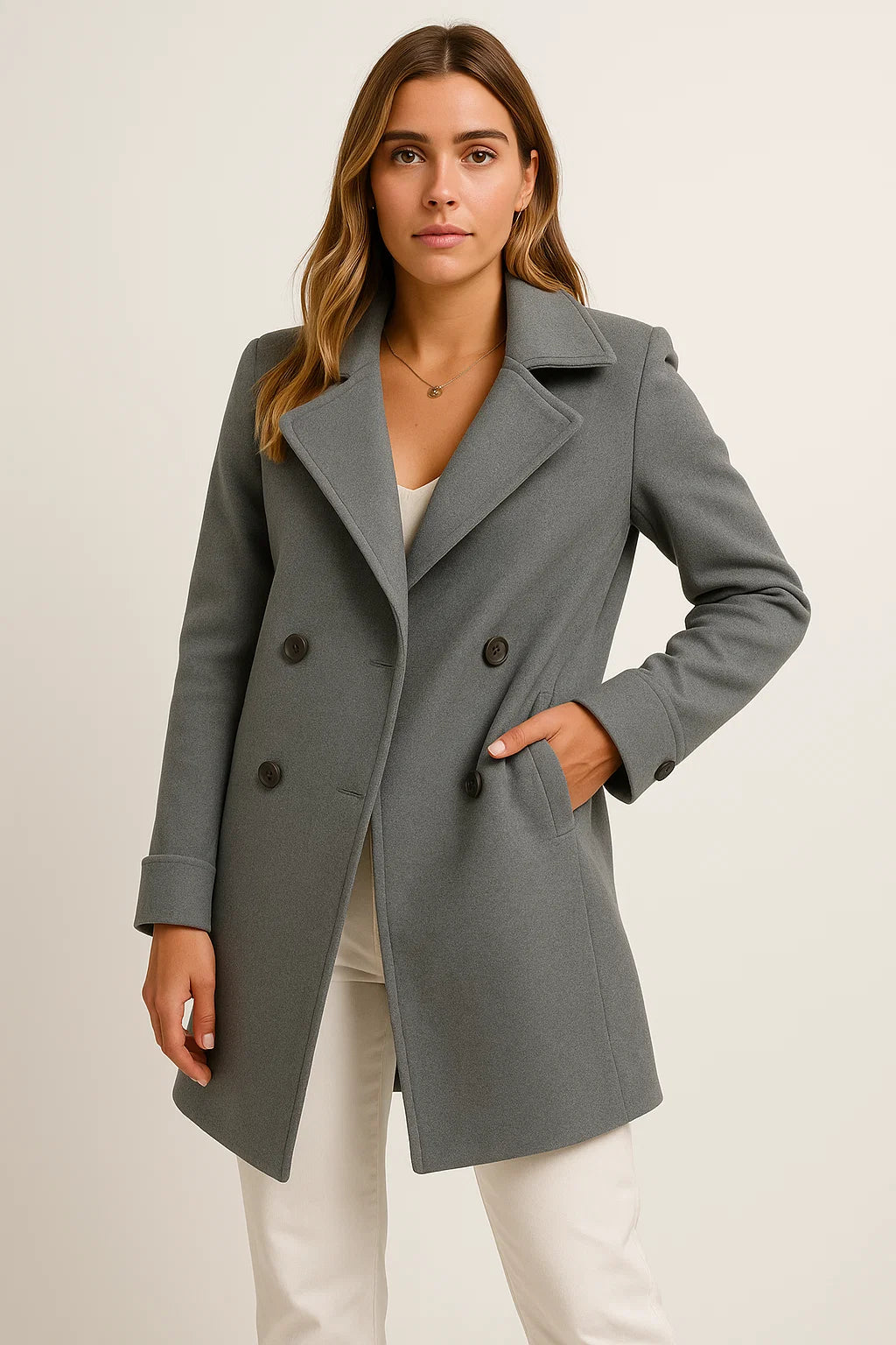 Women's Double-Breasted Grey Trench Coat, Faux Wool Blend A-Line Jacket with Pockets for Fall 3