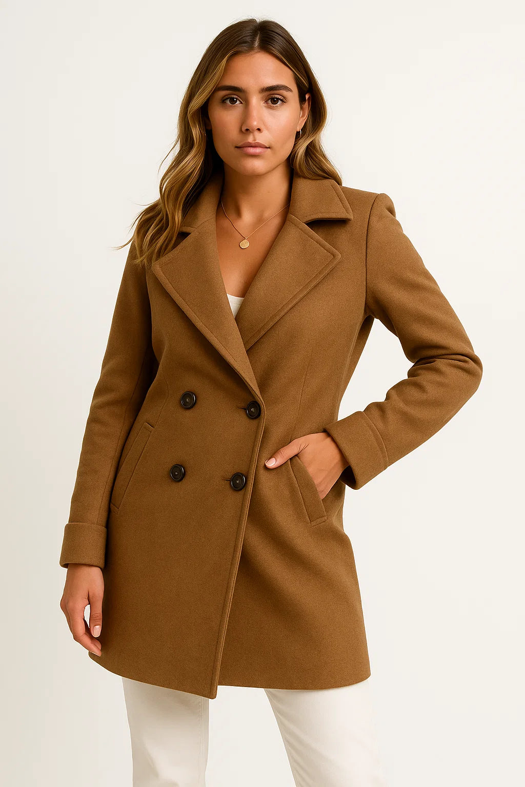 Women's Double-Breasted Grey Trench Coat, Faux Wool Blend A-Line Jacket with Pockets for Fall 5