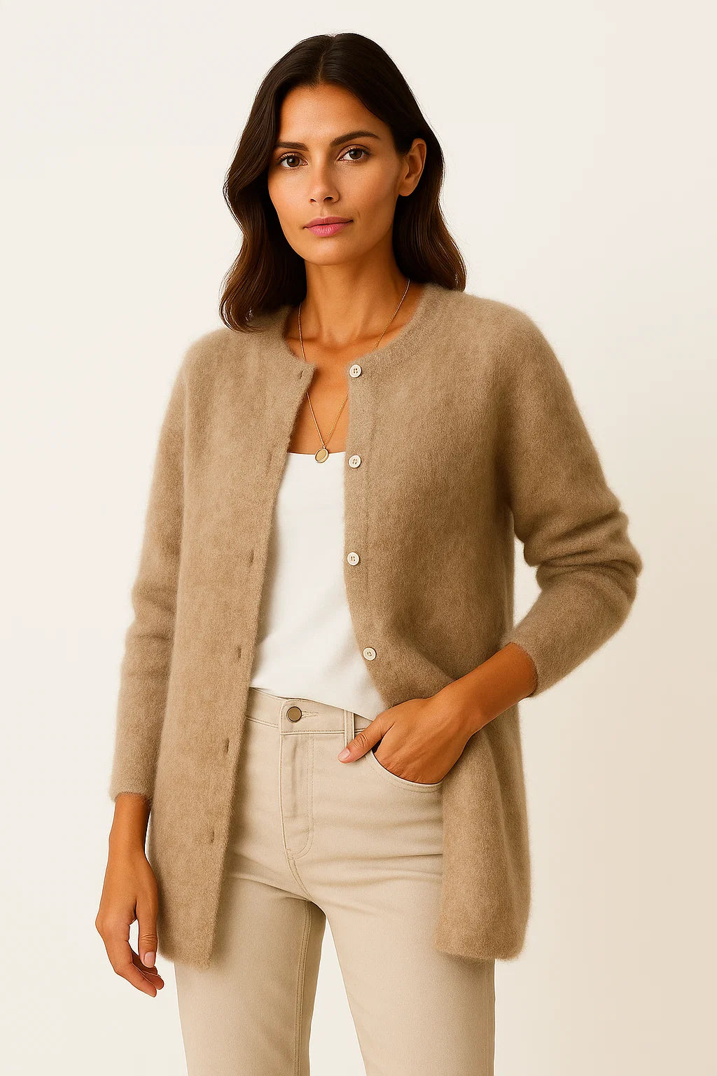 Womens Cardigan Coat Beige Knit Soft Warm Long Elegant With Pockets 1
