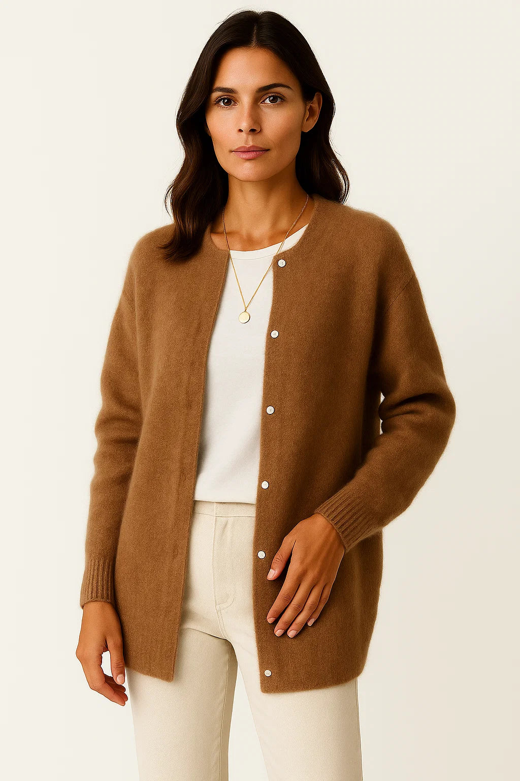 Womens Cardigan Coat Beige Knit Soft Warm Long Elegant With Pockets 3