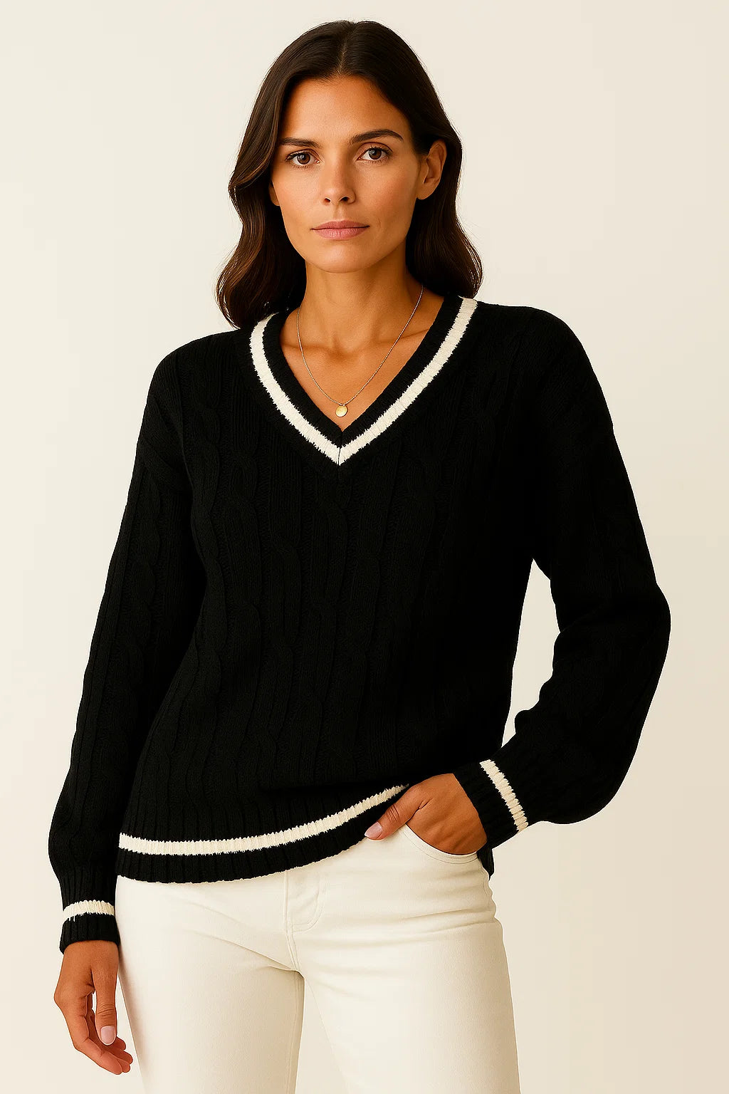 Womens Sweater Cable Knit Striped V-Neck Soft Blend Slim Fit Pullover for Fall and Winter 1