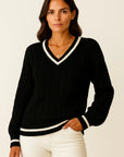 Womens Sweater Cable Knit Striped V-Neck Soft Blend Slim Fit Pullover for Fall and Winter 1