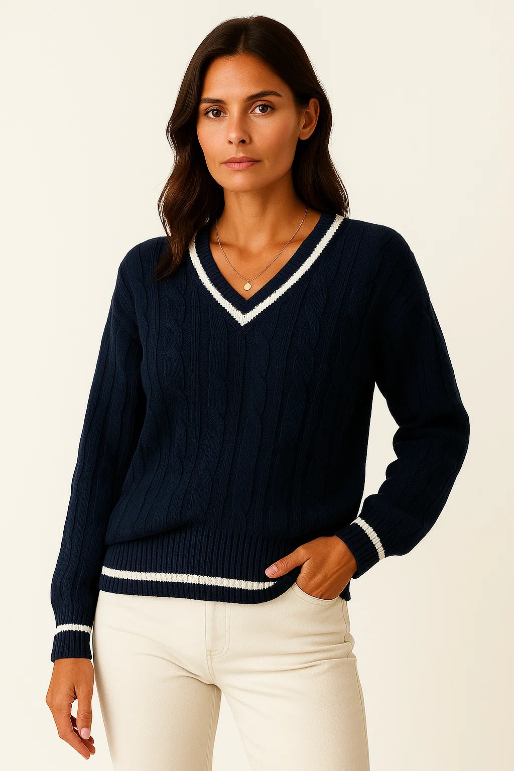 Womens Sweater Cable Knit Striped V-Neck Soft Blend Slim Fit Pullover for Fall and Winter 2