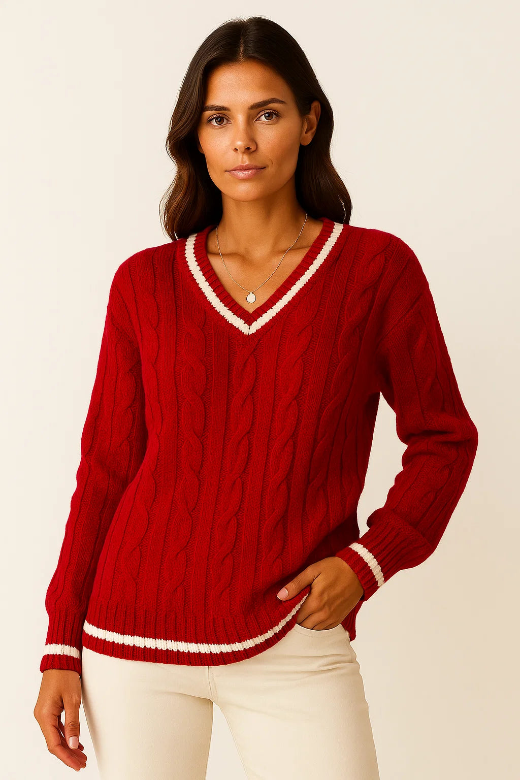 Womens Sweater Cable Knit Striped V-Neck Soft Blend Slim Fit Pullover for Fall and Winter 4