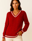 Womens Sweater Cable Knit Striped V-Neck Soft Blend Slim Fit Pullover for Fall and Winter 4