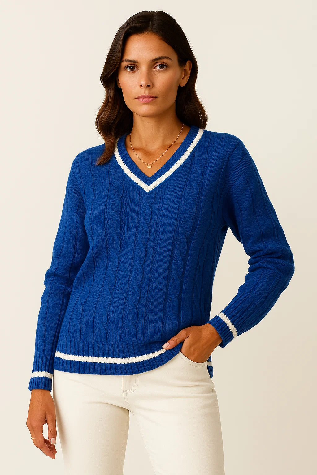 Womens Sweater Cable Knit Striped V-Neck Soft Blend Slim Fit Pullover for Fall and Winter 3