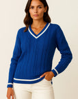 Womens Sweater Cable Knit Striped V-Neck Soft Blend Slim Fit Pullover for Fall and Winter 3
