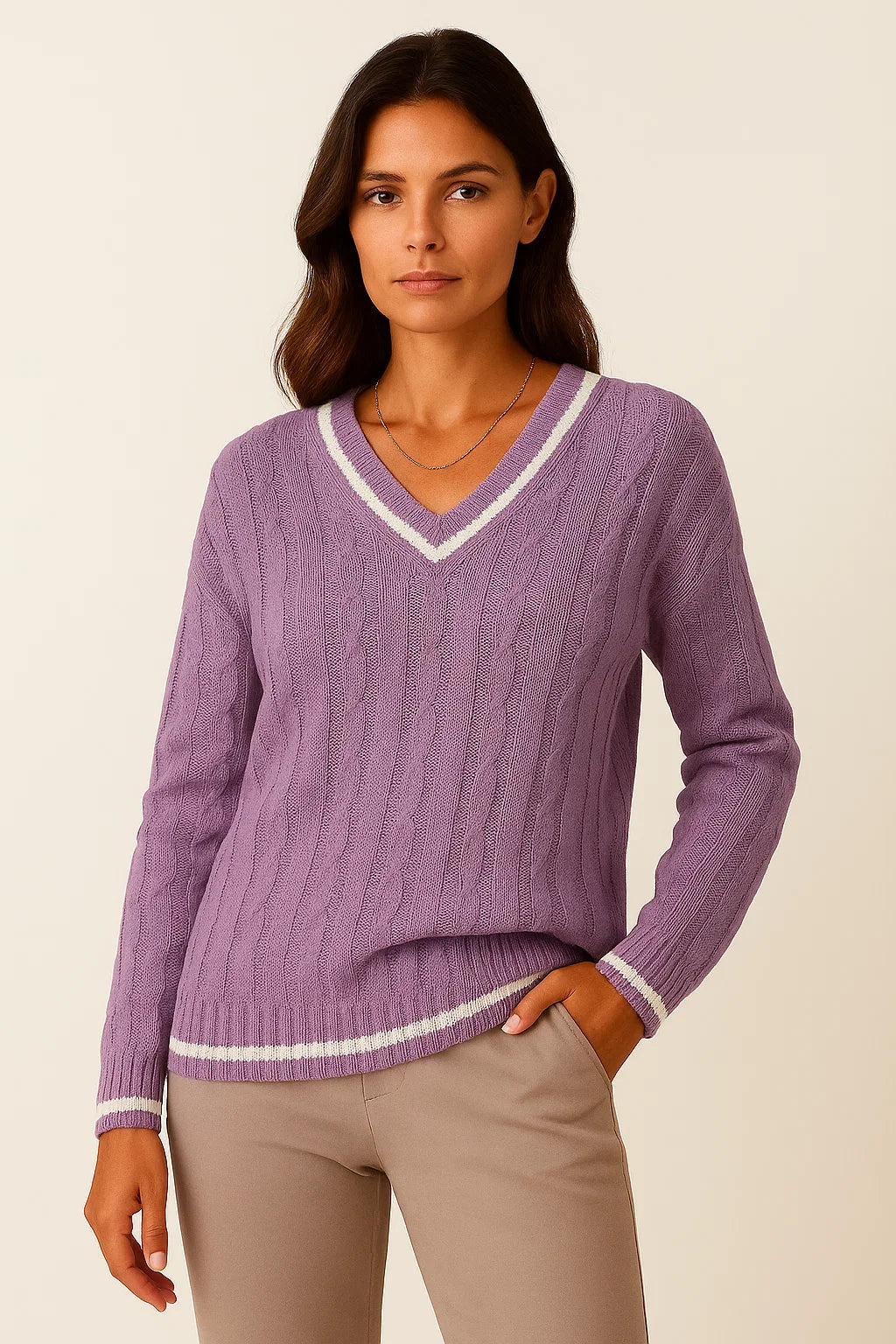 Womens Sweater Cable Knit Striped V-Neck Soft Blend Slim Fit Pullover for Fall and Winter 5
