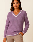 Womens Sweater Cable Knit Striped V-Neck Soft Blend Slim Fit Pullover for Fall and Winter 5