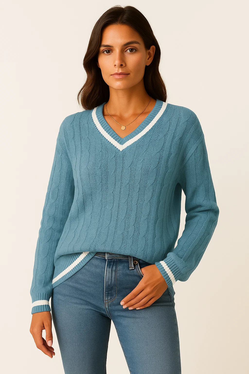 Womens Sweater Cable Knit Striped V-Neck Soft Blend Slim Fit Pullover for Fall and Winter 6