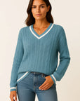Womens Sweater Cable Knit Striped V-Neck Soft Blend Slim Fit Pullover for Fall and Winter 6
