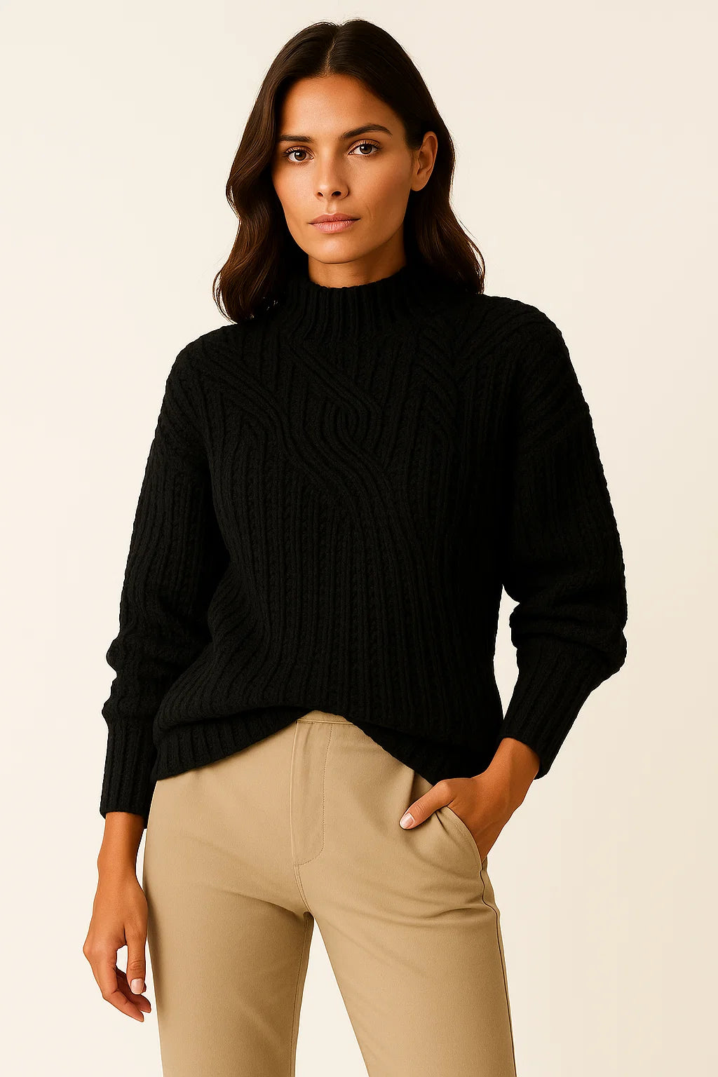 Womens Sweater Beige Cable Knit Soft Relaxed Fit Ideal for Everyday and Layering 2