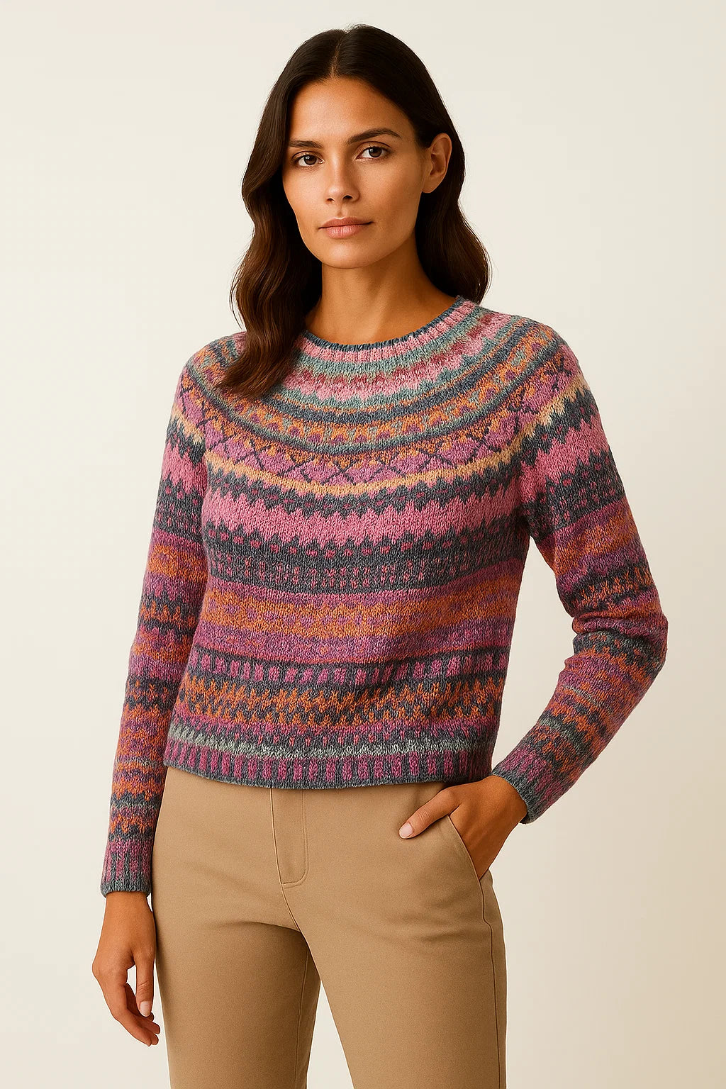 Womens Sweater Multicolor Wool Blend Round Neck Casual Fit Ethnic Pattern 1