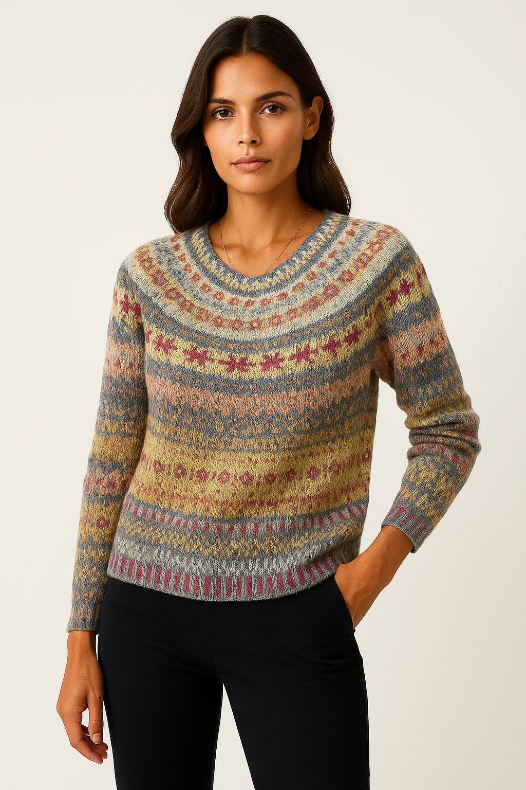 Womens Sweater Multicolor Wool Blend Round Neck Casual Fit Ethnic Pattern 2